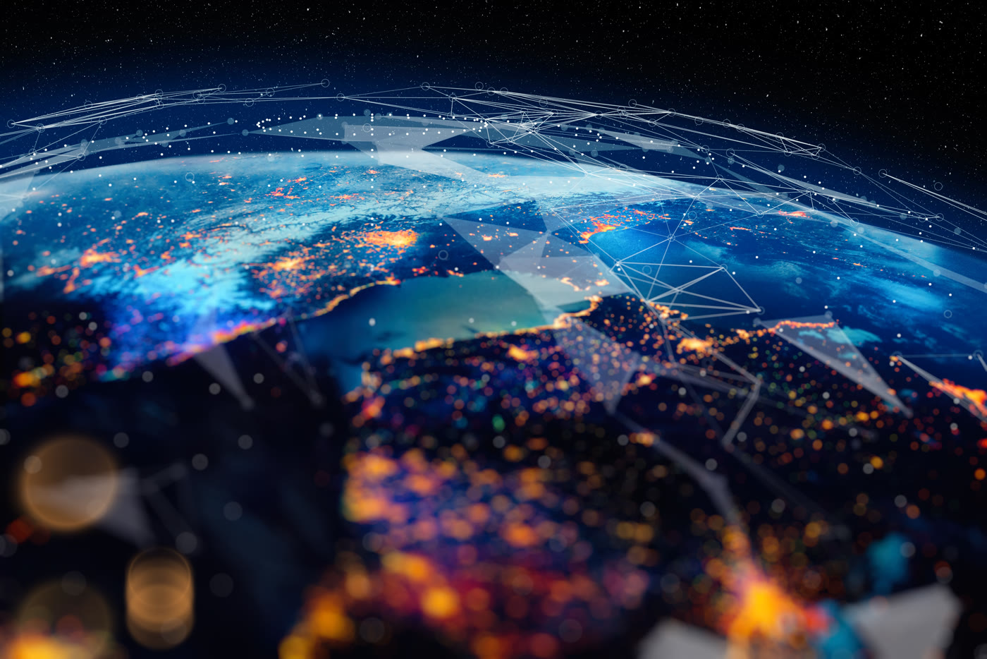 A globe overlaid with a network of glowing communication links.